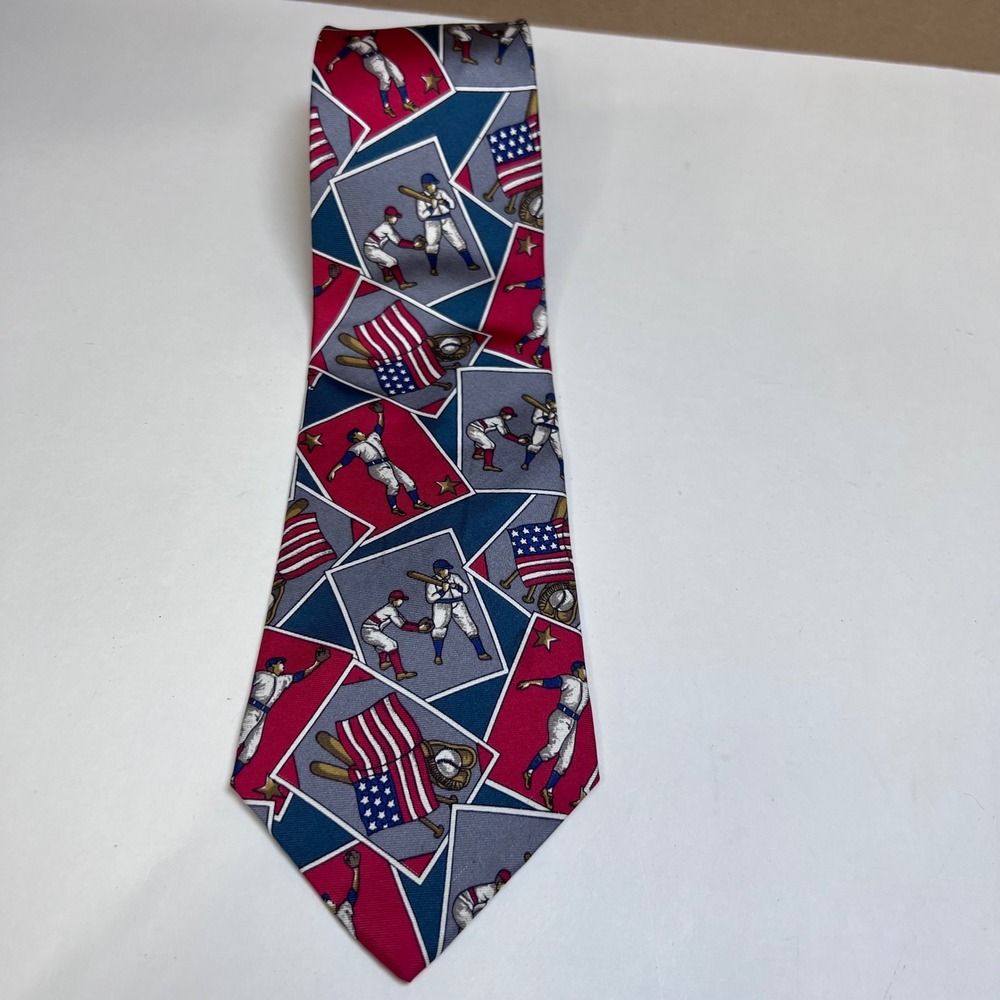 Don Loper Beverly Hills Mens Tie Baseball American Flag Patriotic Red Blue Retro